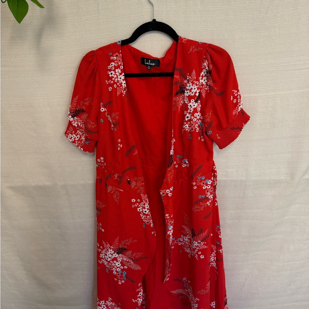 Lulu's Vibrant Red Floral Wrap Dress